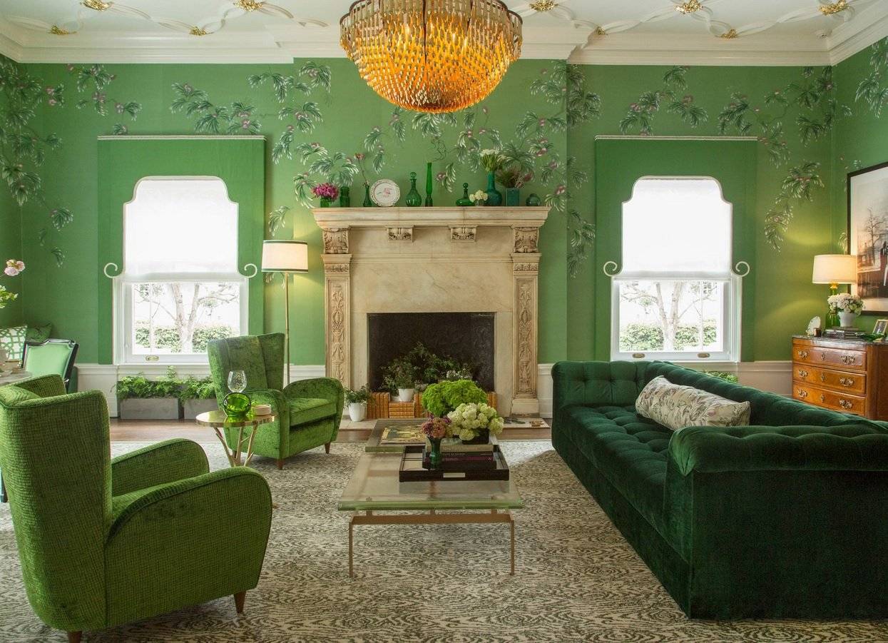 Зеленый цвет в интерьере: темно-зеленый, салатовый, серо-зеленый, сочетание с другими цветами в гостиной
 - 42 фото